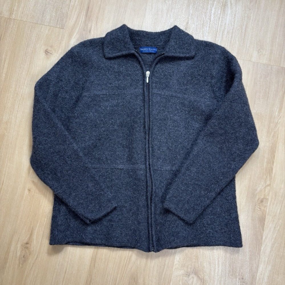 Karen Scott Women Full Zip Cardigan Gray 100% Wool Knit Jacket 1X